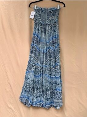 Free People Strapless Blue White Printed Maxi Dress Smocked Optional Straps